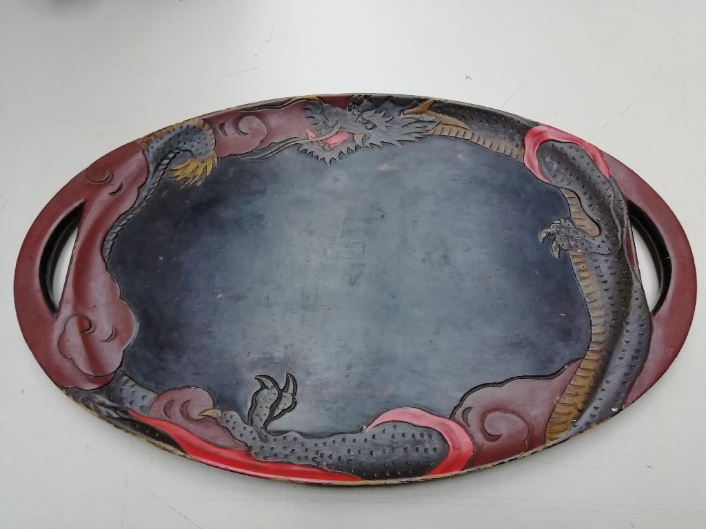 Antiek of vintage, ovaal dienblad met Japans lakwerk, Ophalen of Verzenden, Gebruikt, Ovaal, Hout