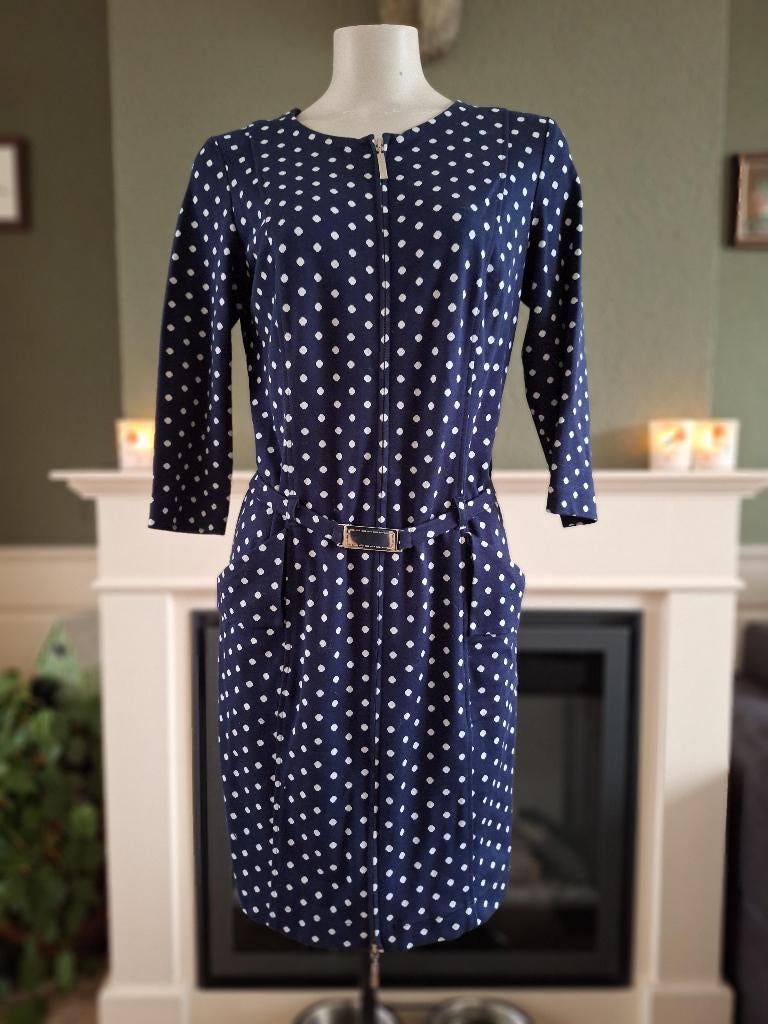 Caroline Biss blauw wit polkadot jurk riem 40, Maat 38/40 (M), Zo goed als nieuw, Knielengte, Caroline Biss
