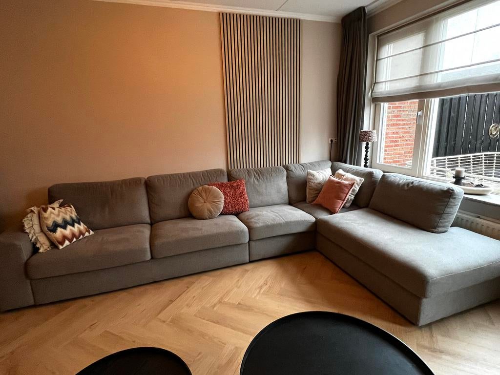 Profijtmeubel hoekbank taupe 220x370x60, Ophalen, 100 tot 125 cm, Hoekbank, 300 cm of meer