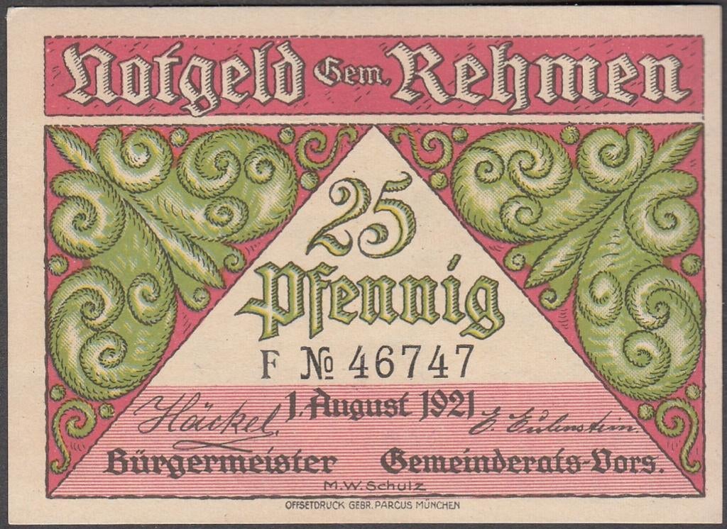 Duitsland bankbiljet 25 Pfennig Notgeld Rehmen 1.8.1921, Postzegels en Munten, Bankbiljetten | Europa | Niet-Eurobiljetten, Ophalen of Verzenden