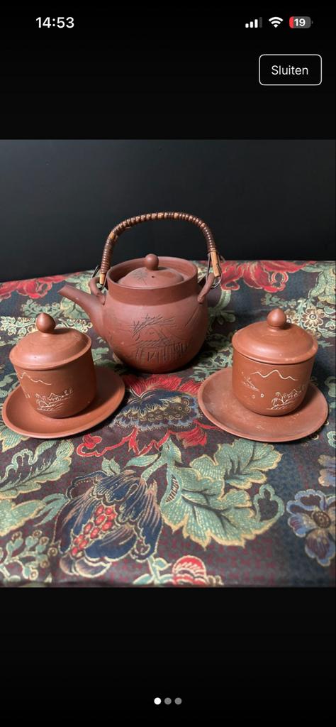 Terracotta theepotje met 2 kopjes en schoteltjes, Ophalen of Verzenden