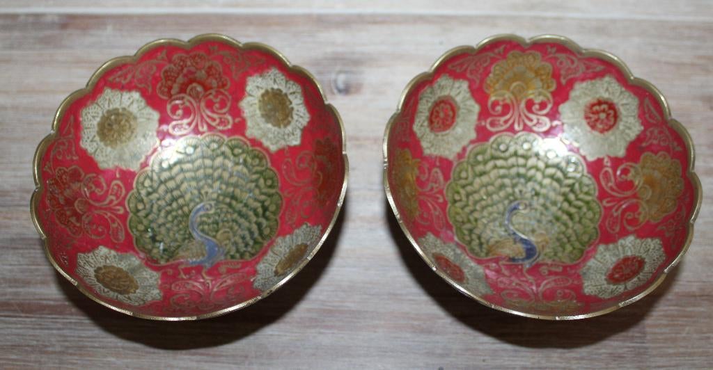 2 vintage cloisonné kommetjes met pauwdecor, Ophalen of Verzenden