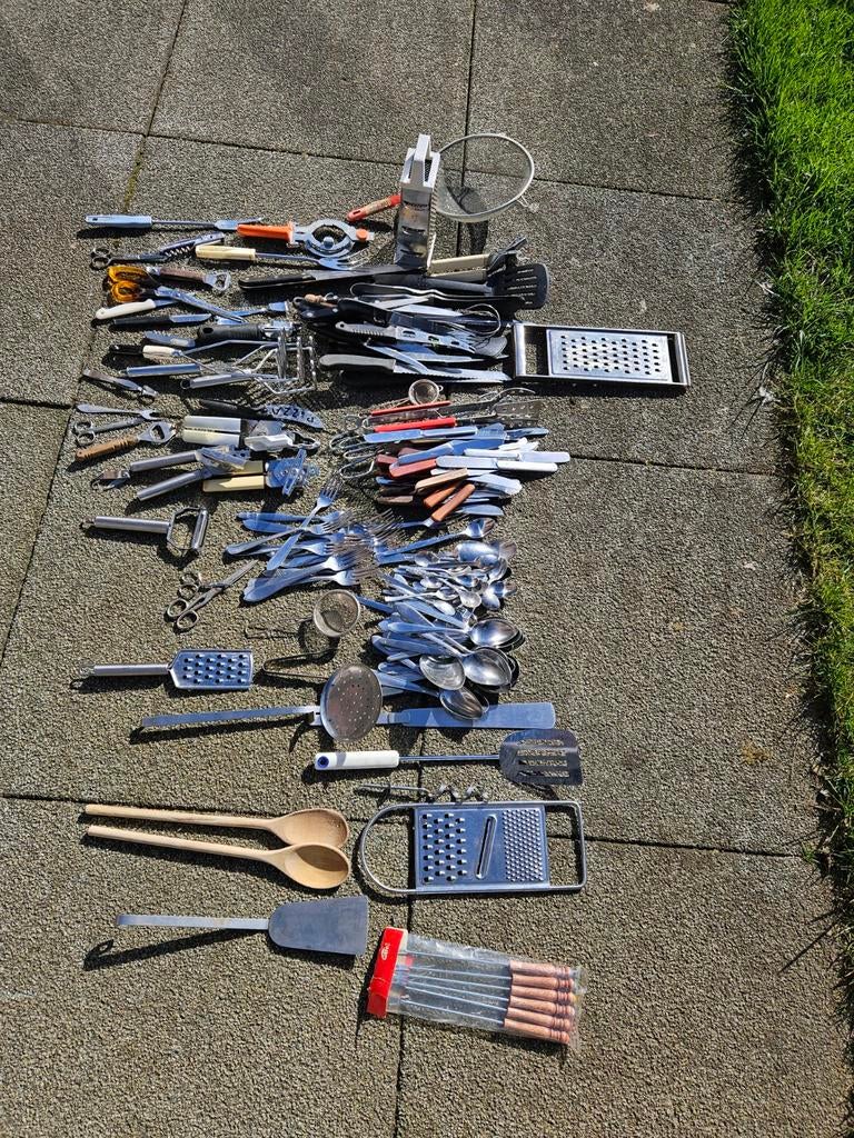 Grote partij divers bestek en keukengerei, Gebruikt, Ophalen of Verzenden, Rvs of Chroom, Vaatwasserbestendig