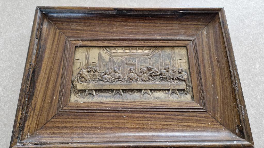 antiek religie wandplaat hout-koper, Ophalen of Verzenden