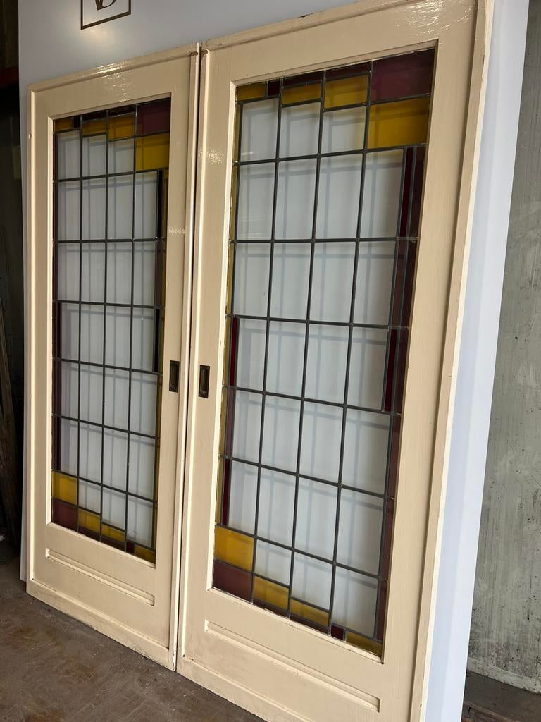 Oude ensuite schuifdeuren kleur glas in lood GAAF!, Doe-het-zelf en Verbouw, Deuren en Horren, 120 cm of meer, Binnendeur, Ophalen of Verzenden
