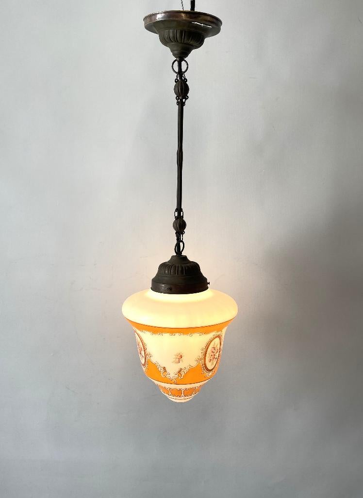 hanglamp met glazen kap en gelede pendel jaren '50 vintage, Huis en Inrichting, Lampen | Hanglampen, Gebruikt, Ophalen of Verzenden
