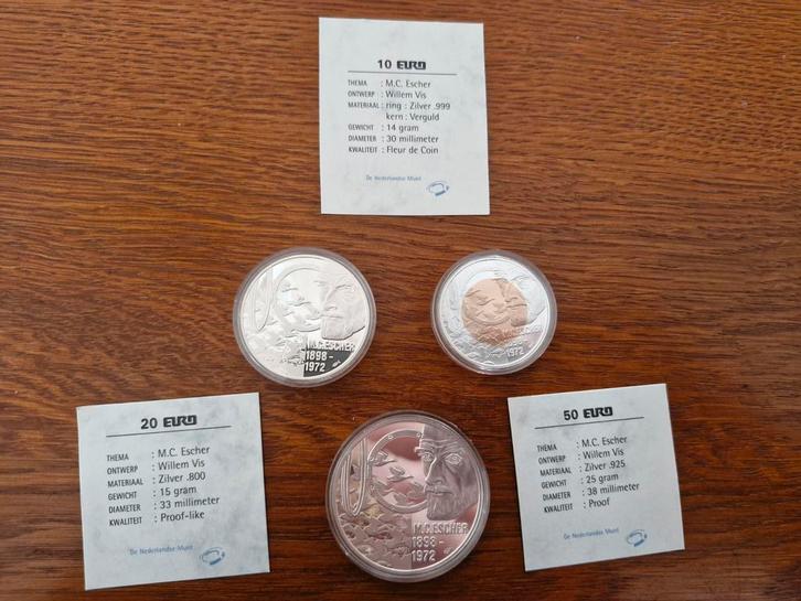 3 ZILVEREN EURO MUNTEN M.C. ESCHER PROOF, Postzegels en Munten, Munten | Nederland, Overige waardes, Koningin Beatrix, Zilver