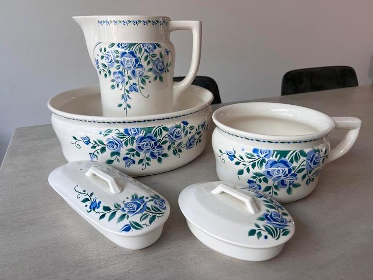 Vintage Lampetset blauwe bloemen Maastricht keramiek, Antiek en Kunst, Antiek | Keramiek en Aardewerk, Ophalen of Verzenden