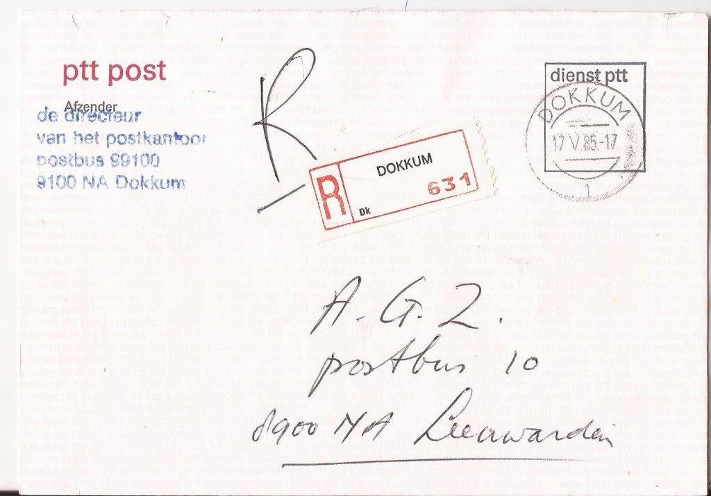 DOKKUM 1985 Dienstenvelop ptt post Directeur Postkantoor, Verzenden, 1980 tot heden, Gelopen, Friesland