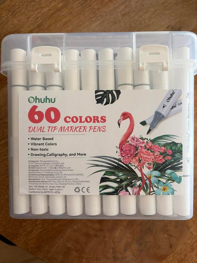 Ohuhu Dual Tip Marker Pennen Set - 60 Kleuren, Hobby en Vrije tijd, Tekenen, Ophalen of Verzenden, Zo goed als nieuw, Potlood of Stift