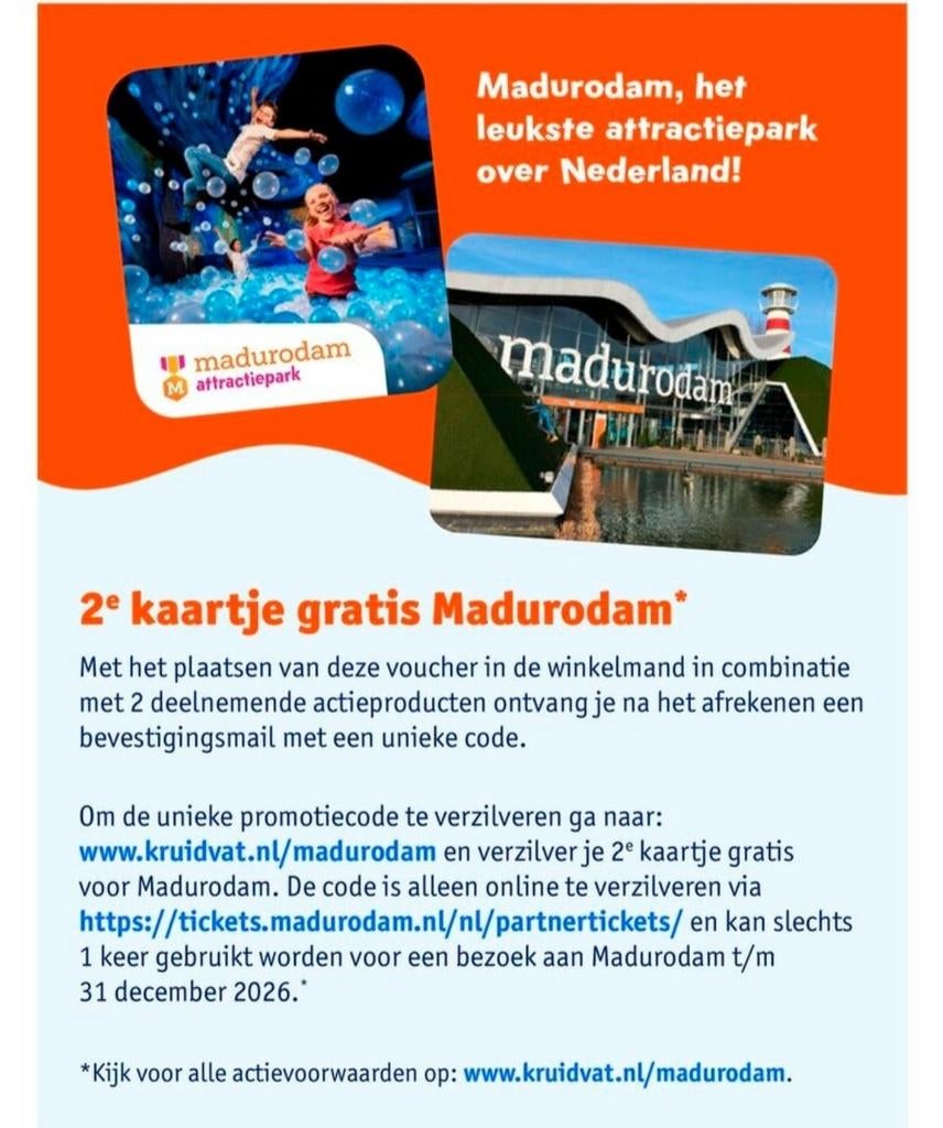 Vouchercode Madurodam,2e kaartje gratis, Tickets en Kaartjes, Twee personen, Kortingskaart