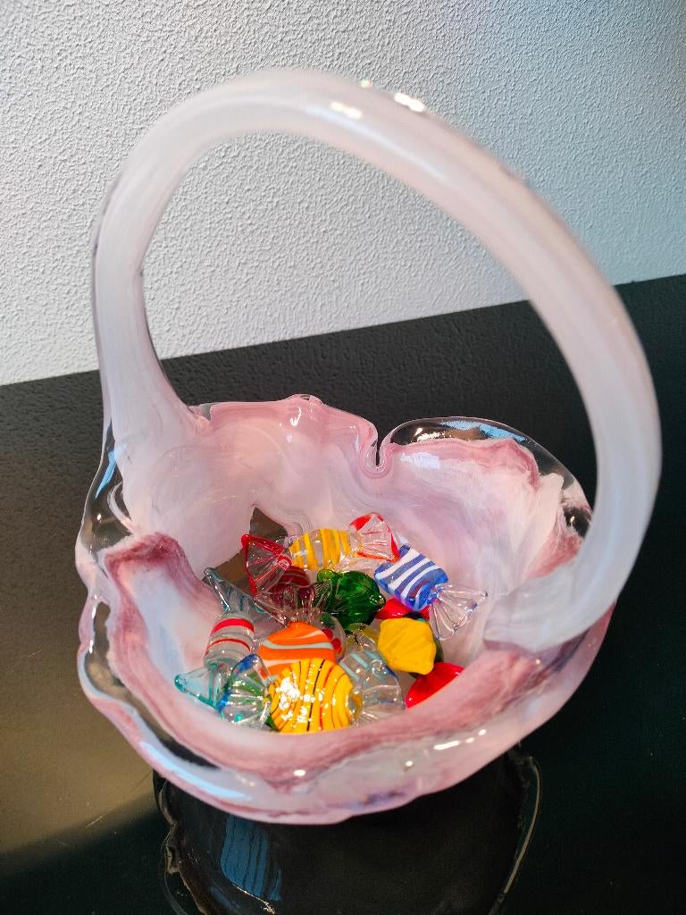 Murano Bohemen Kristal Glas Mandje Schaal Roze Snoep 1970, Antiek en Kunst, Antiek | Glas en Kristal, Ophalen of Verzenden