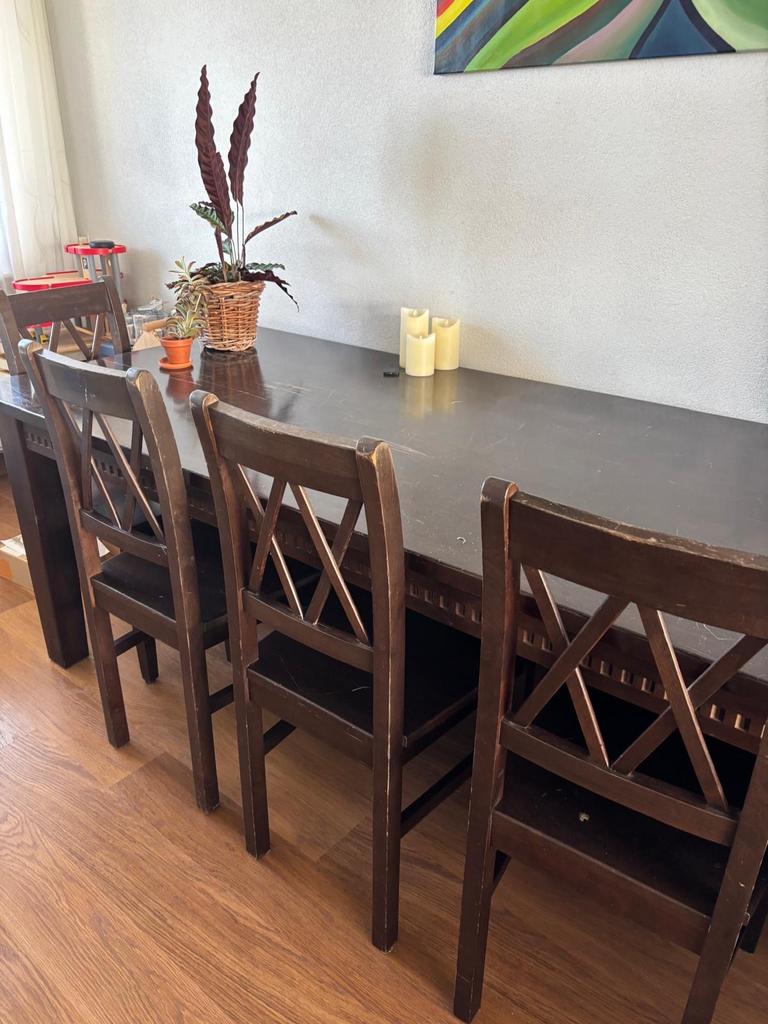 Eetkamertafel met 6 stoelen, Ophalen, Gebruikt, Koloniaal, 200 cm of meer