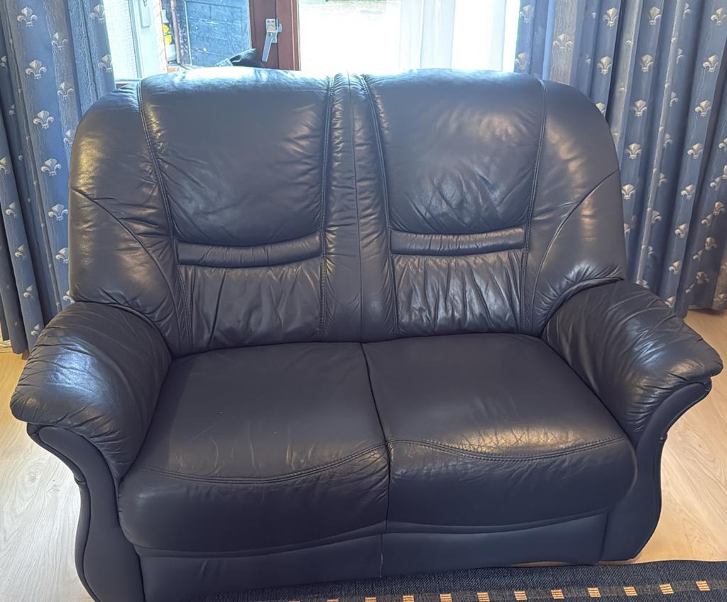 Donkerblauwe leren bank, Gebruikt, Driepersoons, Ophalen of Verzenden, Rechte bank