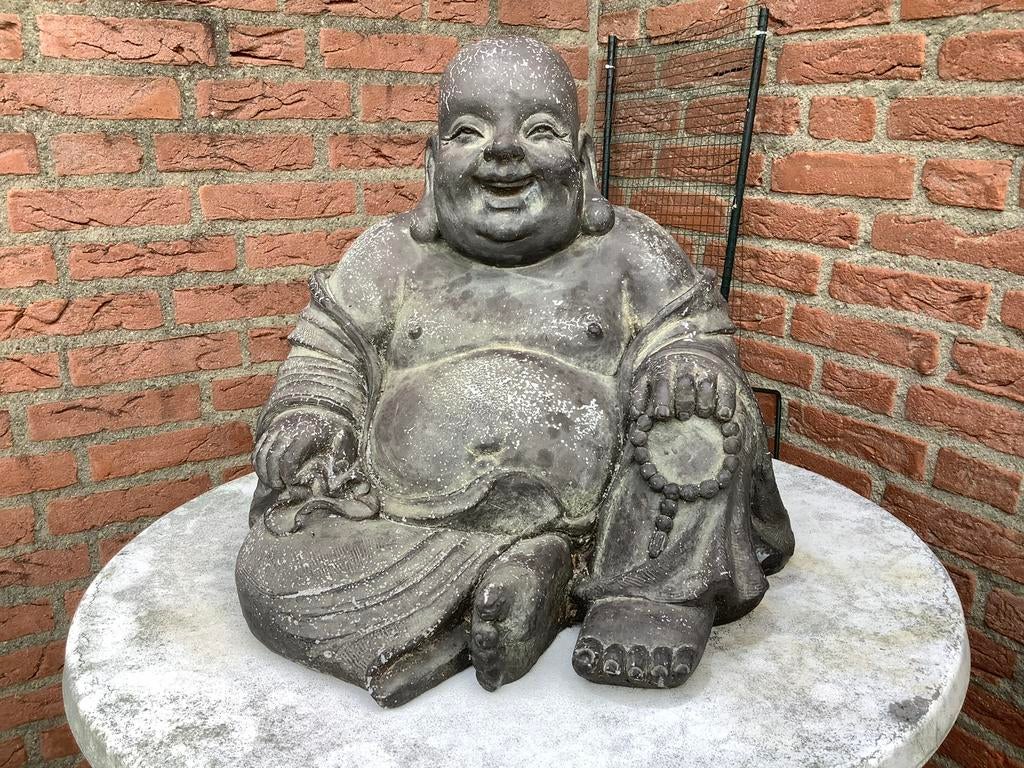 Tuinbeeld 43 cm Happy Boeddha blikvanger glasvezel cement, Ophalen of Verzenden, Gebruikt, Boeddhabeeld