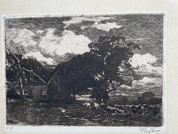 Willem Zwart - ets - Donkere wolken boven boerderij beschikbaar voor biedingen