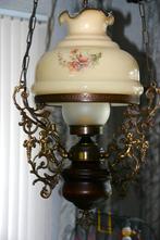 Mooie Hanglamp eikenhout met melkglazen kap met bloemprint, Ophalen of Verzenden, Zo goed als nieuw, Glas, 75 cm of meer