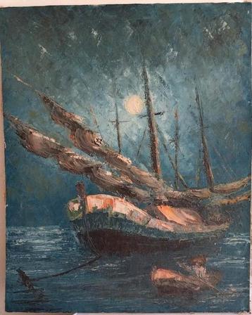 Olieverf Schilderij Zeilschip bij Nacht beschikbaar voor biedingen