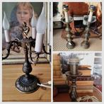 Brocante koperen tafellamp o.a. engel - patina groen - glas, Antiek en Kunst, Antiek | Lampen, Ophalen of Verzenden