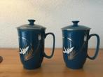 2 theebekers mer deksel chinees donkerblauw met Lotus bloem, Ophalen of Verzenden