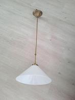 Koperen hanglamp met porseleinen kap, Gebruikt, Ophalen of Verzenden, 75 cm of meer, Glas