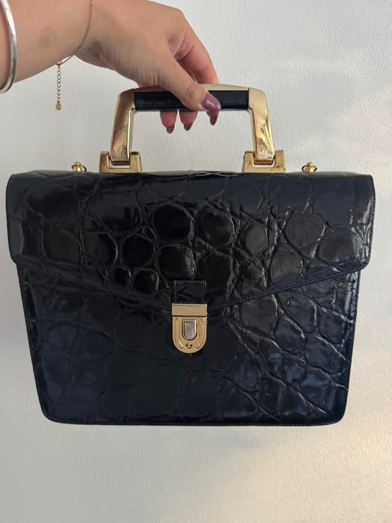Leren Vintage Tas / Croco, Verzenden, Gebruikt, Zwart, Handtas