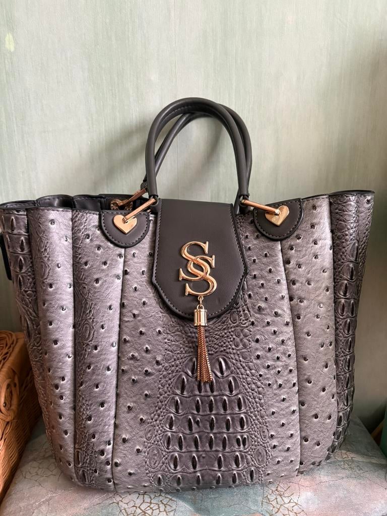 RUIME HANDTAS MET CROCO PRINT 1 VAK NIEUW, Ophalen of Verzenden, Nieuw, Grijs, Handtas