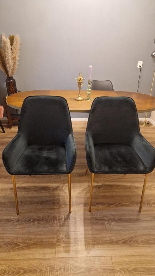 Set van 2 donkergroene velvet eetkamer stoelen, Huis en Inrichting, Stoelen, Gebruikt, Twee, Stof, Overige kleuren, Ophalen