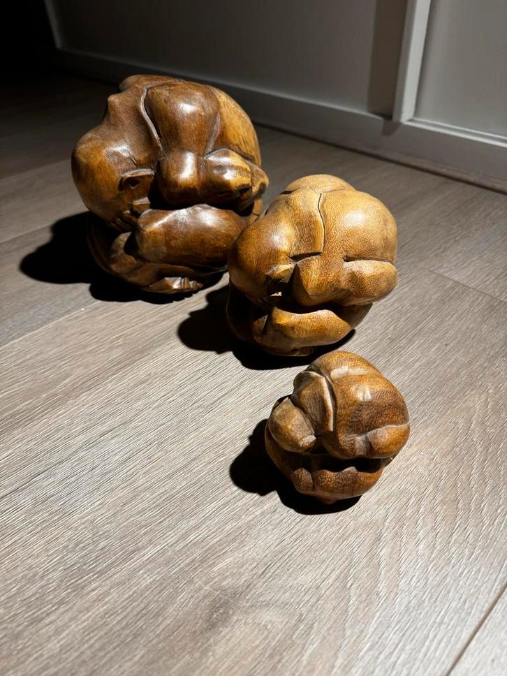 Houten Boeddha Set - 3 Stuks, Antiek en Kunst, Kunst | Beelden en Houtsnijwerken, Ophalen of Verzenden