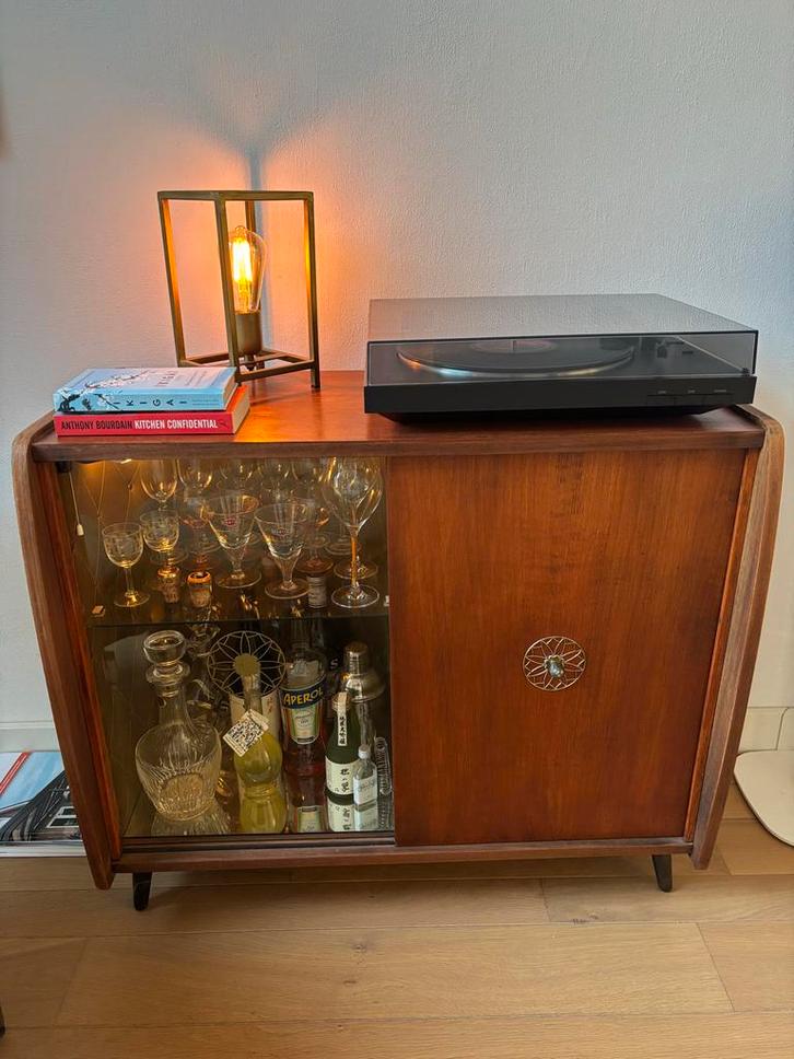 Vintage Drankkast met Verlichting & Bekleding, Huis en Inrichting, Kasten | Dressoirs, Gebruikt, 100 tot 150 cm, 25 tot 50 cm