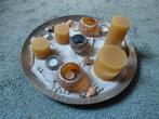 Zilverkleurige schaal met kaarsen en accessoires - 49 cm, Ophalen of Verzenden, Zo goed als nieuw