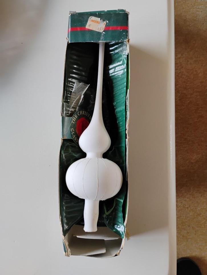 Witte, glazen piek met streepjes  25 cm   voor kerstboom, Diversen, Kerst, Zo goed als nieuw, Ophalen of Verzenden