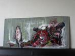 schilderij,gemengd techniek op triplex.Liggend figuur 100x50, Nieuw, Ophalen of Verzenden, Schilderij, 100 tot 125 cm