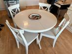 Witte ronde uitschuifbare eettafel met 4 stoelen, Ophalen, Gebruikt, 100 tot 150 cm, Rond