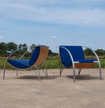 Set 2 - vintage Duits design KFF stoel kuip blauw leer 1990s beschikbaar voor biedingen