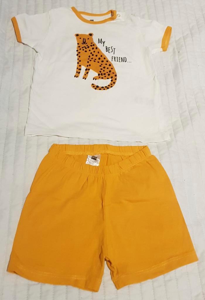 Hema setje wit oker geel luipaard baby kleding maat 74 80, Kinderen en Baby's, Babykleding | Maat 74, Zo goed als nieuw, Jongetje