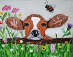 Schilderij Kalfje voorjaar in de wei in vrolijk acryl canvas, Ophalen of Verzenden