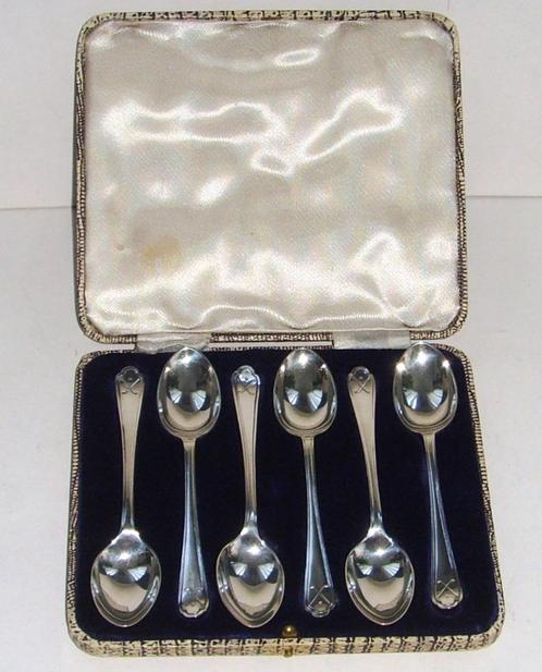 Set van zes sterling zilveren theelepels in luxe leren etui., Antiek en Kunst, Antiek | Goud en Zilver, Ophalen of Verzenden