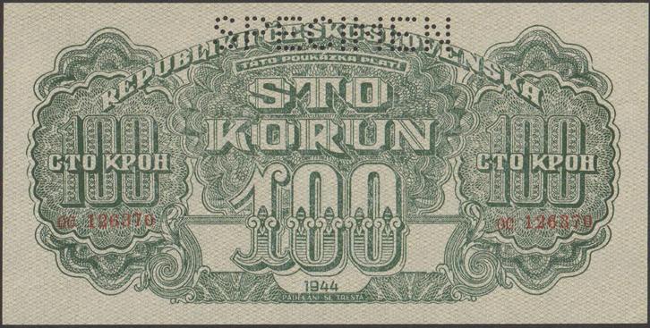 Tsjechoslowakije 100 korun 1944 aUNC p.48s Specimen (# 29), Postzegels en Munten, Bankbiljetten | Europa | Niet-Eurobiljetten
