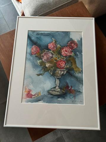 Ingelijste Aquareltekening “Vaas met bloemen” beschikbaar voor biedingen