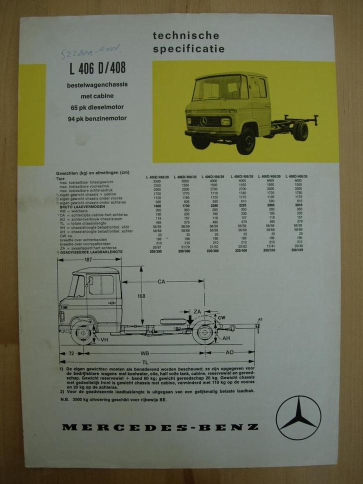 Mercedes 406 408 Technische Specificatie folder 1974 CC 406D, Boeken, Auto's | Folders en Tijdschriften, Zo goed als nieuw, Mercedes