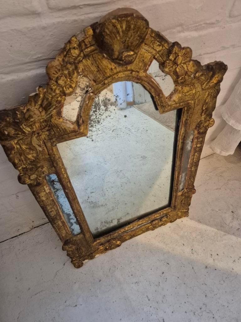 Antieke spiegel met ornamenten verweerd glas, Ophalen, Overige vormen, 50 tot 100 cm, 100 tot 150 cm