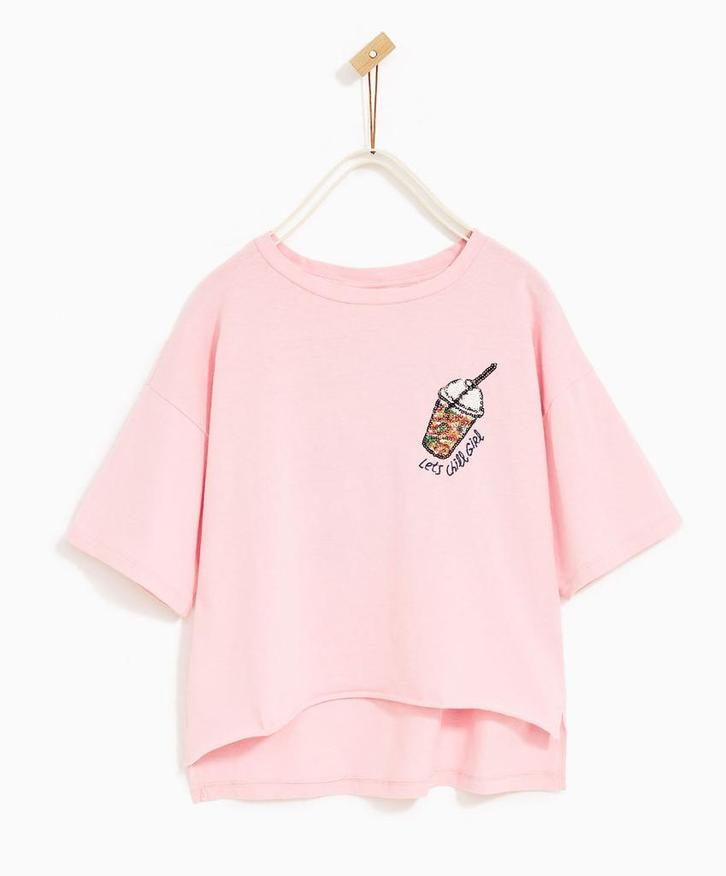Zara roze oversized shirt top met glitters en tekst maat 164, Kinderen en Baby's, Kinderkleding | Maat 164, Nieuw, Meisje, Shirt of Longsleeve