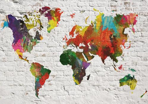 156 Wereldkaart Colors Vlies Fotobehang 350x250cm in 3 maten, Huis en Inrichting, Stoffering | Behang, Blauw, Rood, Wit, Zwart