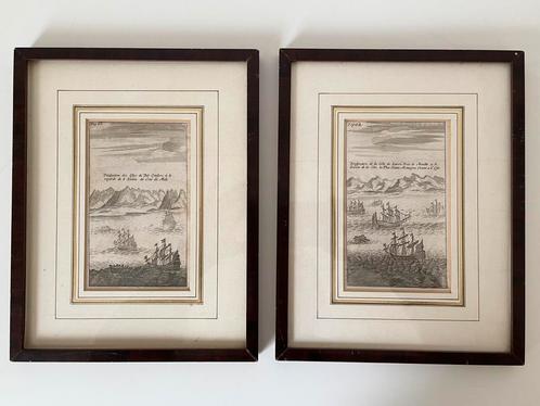 2 fraaie antieke maritieme, nautische prenten, 18e eeuw, Antiek en Kunst, Kunst | Etsen en Gravures, Ophalen of Verzenden