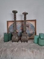 Rustieke Houten Kandelaars - Taupe, Gebruikt, 25 tot 50 cm, Bruin, Ophalen of Verzenden