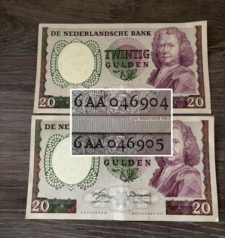 Zeldzame biljetten 20 gulden Boerhaave 1955, opv. serienr., Postzegels en Munten, Bankbiljetten | Nederland, 25 gulden, Ophalen of Verzenden