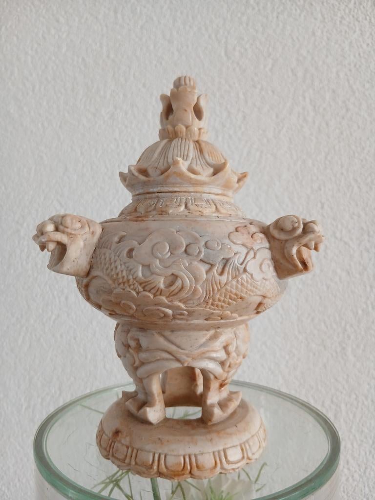 Chinese stenen pot met deksel lotus schildpad draak, Antiek en Kunst, Ophalen of Verzenden