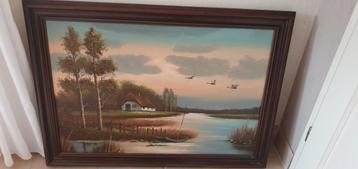 Prachtig schilderij boerderij boot water kunstenaar J.Kok beschikbaar voor biedingen