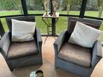 2 mooie terras zetels met kussen in goede staat, Kunststof, Gebruikt, Ophalen of Verzenden